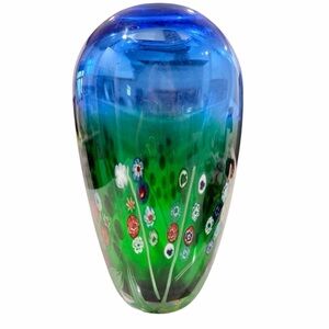 Hand Blown Blue and Emerald Green Minnefiori Glass Vase possibly Murano